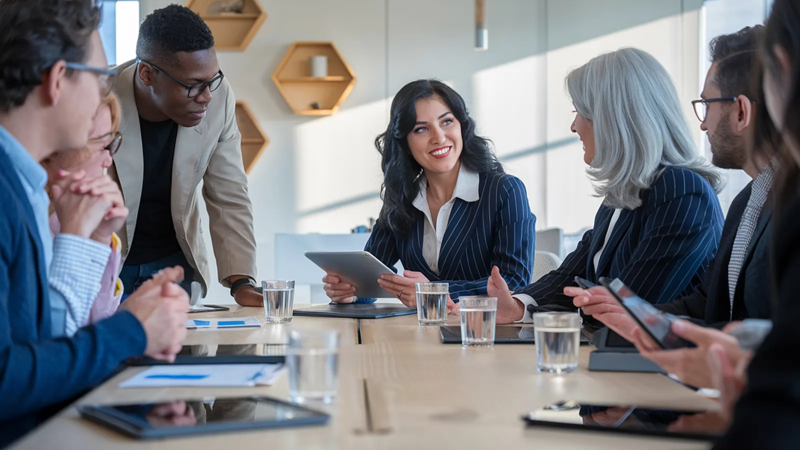 A colleague leading a discussion at a boardroom table with a small team of colleagues.